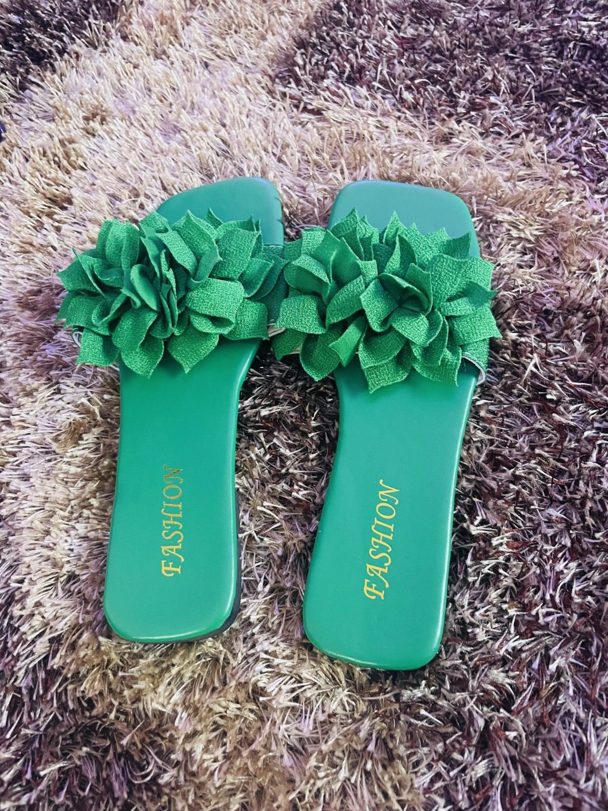 💚 Green Floral Ruffle Slide Sandals for sale in Ghana